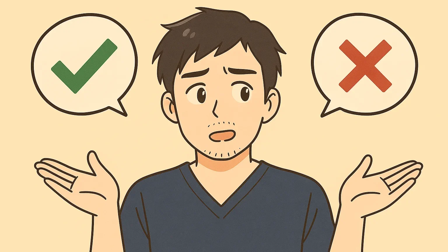 夜勤明けの男性がメリット・デメリットを考える様子のイラスト