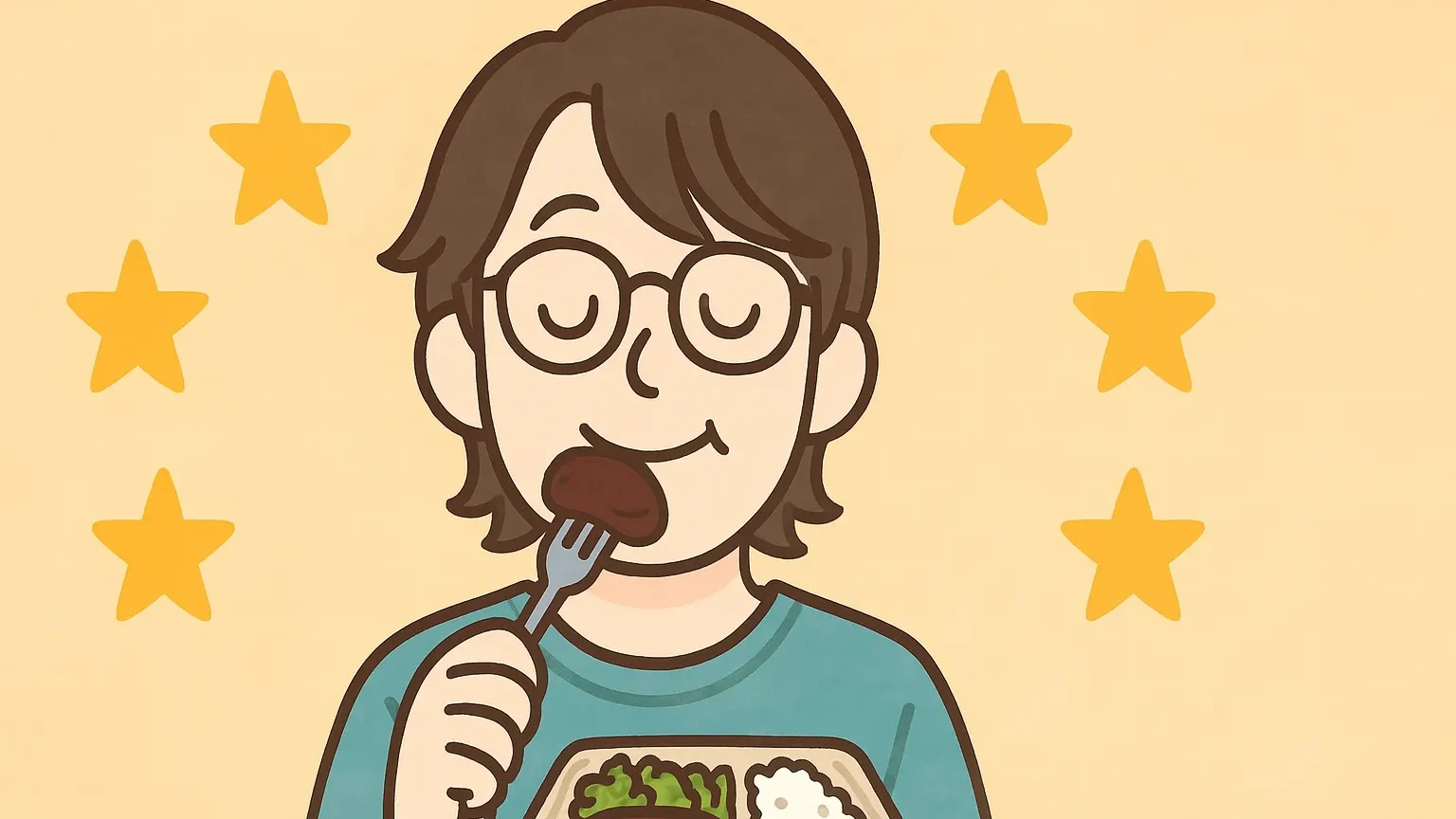 ワタミの宅食を美味しそうに食べるテイラーのイラスト