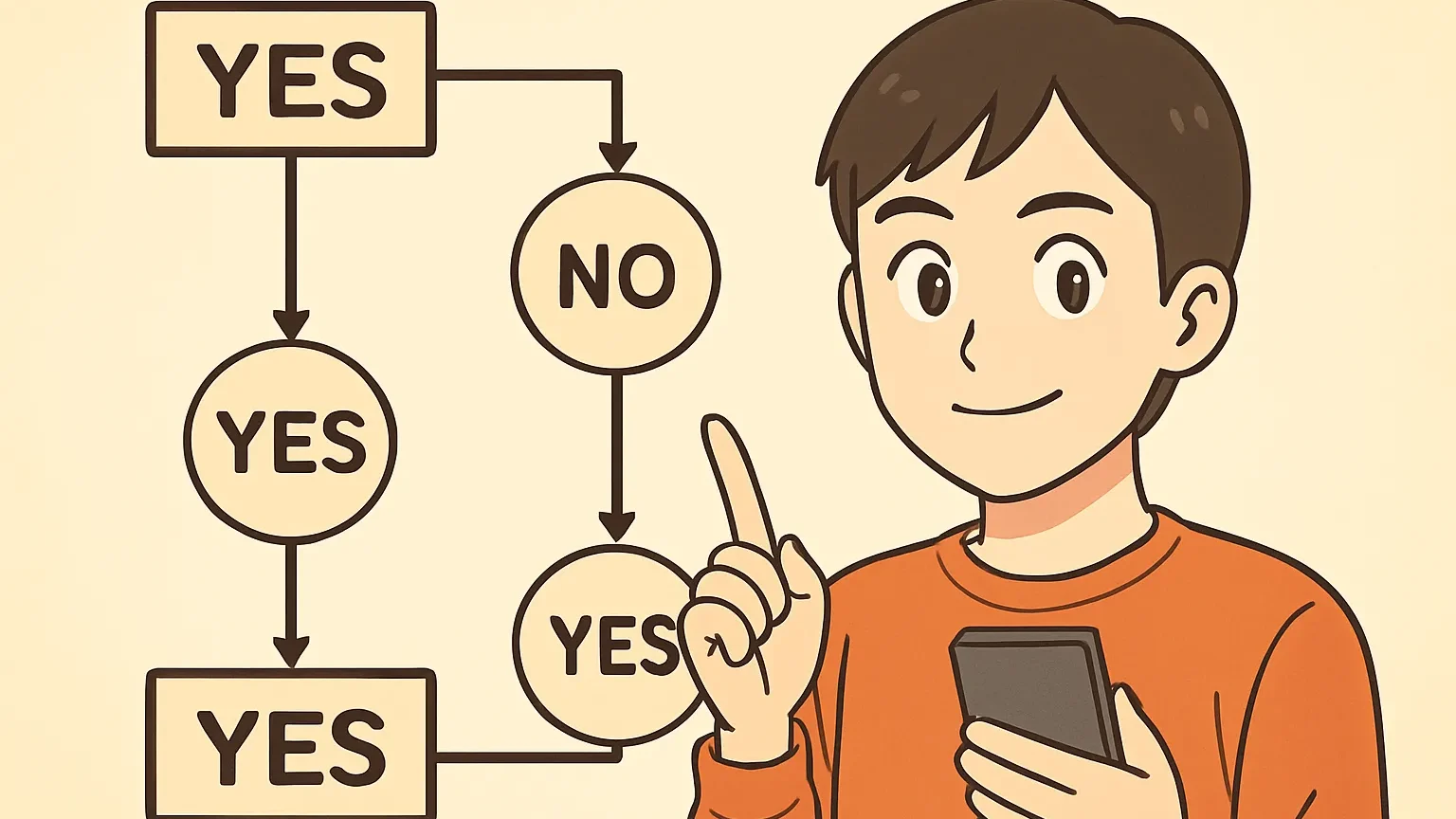 スマホを持った男性がYES／NO診断フローチャートを指差しているイラスト