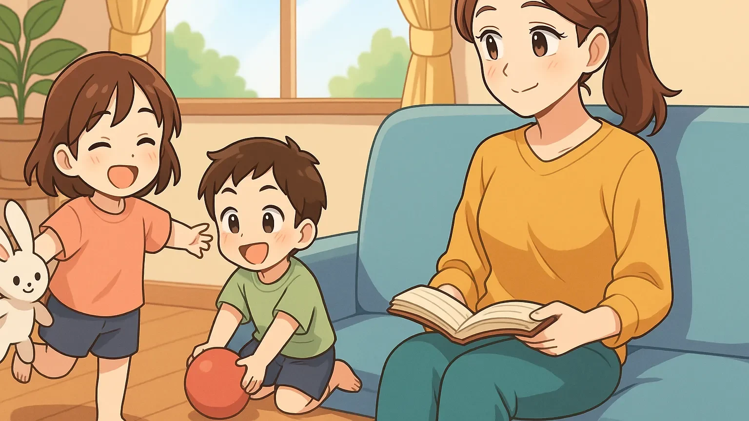 母親が読書しながら子どもたちが遊ぶのを見守るリラックスした家庭の様子