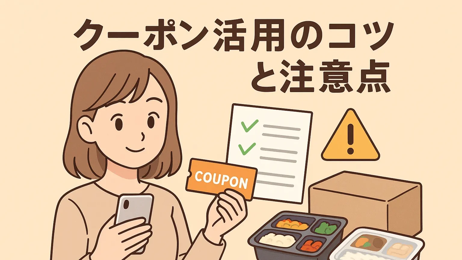 クーポン券とチェックリスト、注意マーク、弁当を持つ女性のイラスト